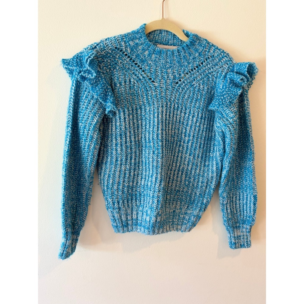 Greylin Blue White Marled Ruffle Shoulder Mock Neck Pointelle Sweater XS
